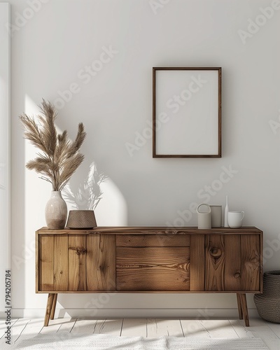 Modern interior design, featuring a sideboard with decoration and a blank poster frame on the wall, against a white background with natural light , mock up