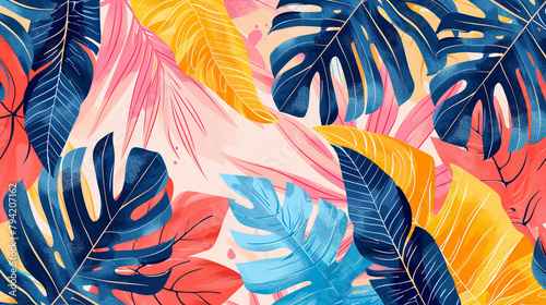 Abstract seamless pattern with tropical leaves in pastel colors. Vector illustration of natural elements for textile, wallpaper or print design