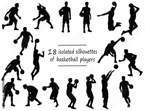 Set of 18 vector isolated silhouettes of basketball players standing with the ball, running, jumping, throwing, shooting, passing the ball