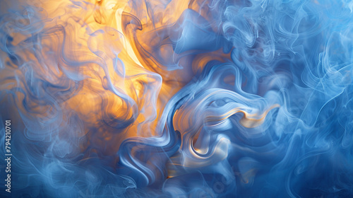 Swirls of periwinkle blue and honey gold dance upon the canvas, enveloped in a smoky haze of abstract paint.