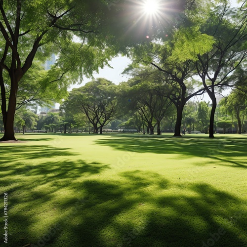 Panoramic view of a sprawling city park, where Sunspot Shadows create a dappled pattern across the green lawns and walking paths, captures the breadth of landscape and the dynamic contrast