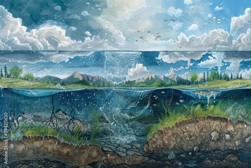 Depiction of the water cycle, with clouds, rain, and groundwater movement