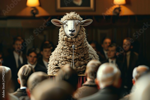 Sheep speaker, public speaking among people. Metaphorical concept. Backdrop with selective focus and copy space