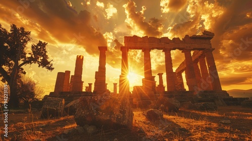 Ancient ruins in Greece, Crepuscular rays at golden hour, Magazine Photography,