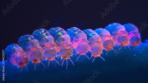 A group of insect larvae lined up in a row each one glowing under UV light as they consume and neutralize toxic substances.