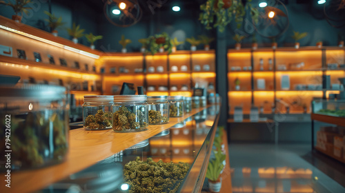 marijuana flowers in glass jars in a natural medicine pharmacy, alternative health, CBD hemp industry