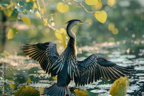 Majestic Anhinga Feathered Bird Perched on a Mangrove Tree in a Swamp by the Lake