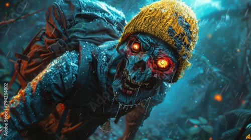 Zombie in a yellow hat walking through a forest