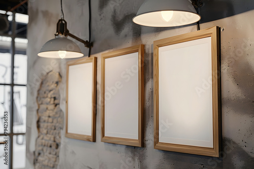 close up of 3 clean simple blank picture frames with wooden frames of different sizes hanging up on a wall, bright lighting industrial feel