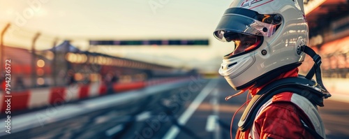 Race car driver gearing up at sunset on track