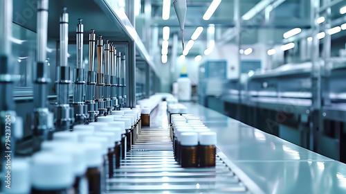 A modern pharmaceutical production line with numerous vials and automated machinery in a sterile environment.