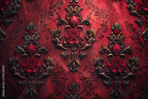 Victorian style red damask pattern with dark flowers. Created with Ai