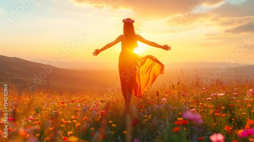 Boho bunny in a flowing maxi dress, sporting flower crown, amidst a wildflower meadow backdrop, lit with golden sunset, emanating whimsical charm and free-spirited style