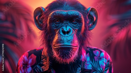 Vibrant neon portrait of a chimpanzee in hawaiian shirt