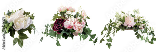 set of table centerpieces featuring peonies and ivy, blending the grandeur of peony blossoms with the elegance of ivy trails, isolated on transparent background