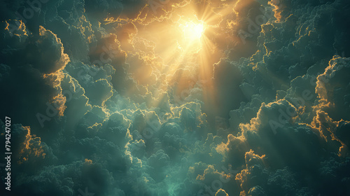 A cinematic shot of the sunset in heaven, with clouds and sun rays shining through them. Created with Ai