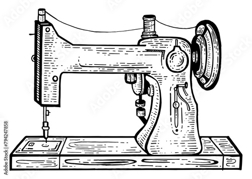 Old mechanic sewing machine sketch engraving PNG illustration. Scratch board style imitation. Black and white hand drawn image.