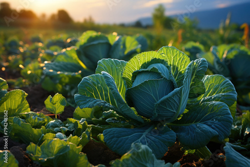 A field of cabbage on the background of a magical landscape