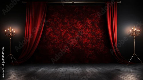 Red velvet curtains open to reveal a red patterned background. There are two candle stands on each side of the stage.