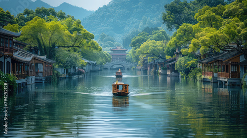  A picturesque scene of the Dabie Mountains in China, with small boats on the river and people rowing through it. Created with Ai