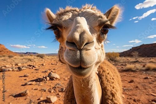 Camel looking at camera, cute and funny camel portrait.