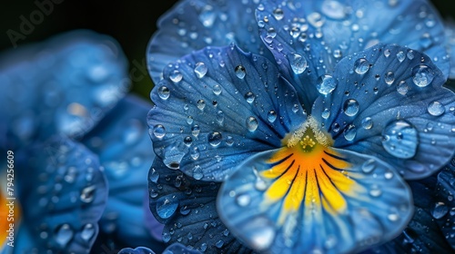  A tight shot of a blue flower with dew drops on its petals