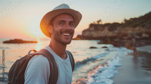 Portrait of cheerful caucasian young man with hat and backpack enjoying sunset at the beach . Laughing guy having fun outside