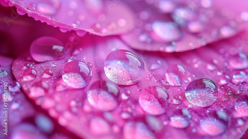  A close-up of a pink flower with dewdrops on its petals, each drop precariously perched