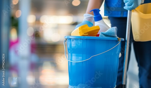  A person holds a mop in one hand and a bucket filled with cleaning supplies in the other