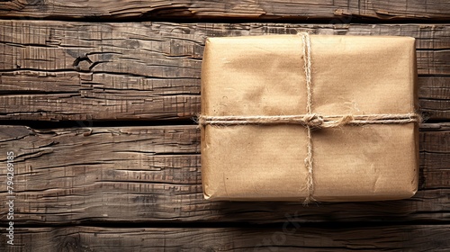  A brown paper parcel secured with twine atop a wooden base, knotted at the top