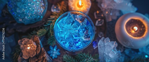 A blue cocktail in an elegant glass, decorated with ice and snowflakes, on the table there is an old candle, greenery and crystals around it, the background has a dark bluish color