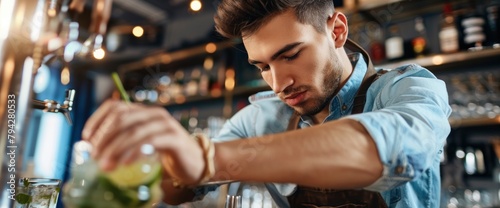 Photo of a bartender making a mojito cocktail on the bar counter in a modern interior with soft lighting. The man is wearing a light blue shirt and has a short hair style 