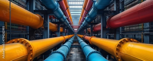Symmetrical view of colorful industrial pipes
