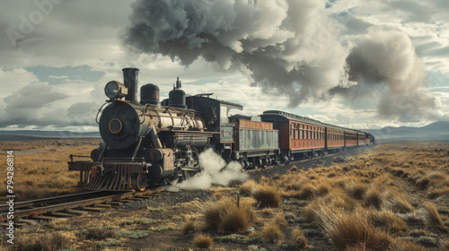 Classic steam locomotive chugging through a vast, grassy plain under a dramatic sky