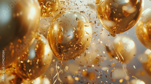 A close-up shot of a golden confetti cannon blasting bursts of shimmering excitement into the air amidst balloons. 8K