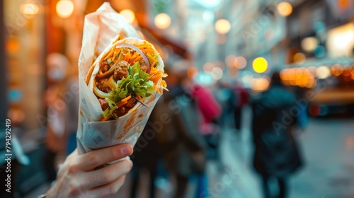Snack on the go. Street food in the form of a barbecue wrapped in biscuits, which can be picked up and half wrapped in paper, against the background of noisy city life.