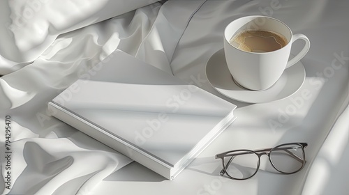 a white book mockup, accompanied by a steaming cup of coffee and a pair of glasses resting on a rumpled bed.
