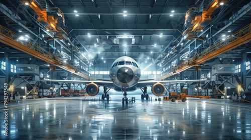 A large airplane is sitting in a large hangar with many other airplanes