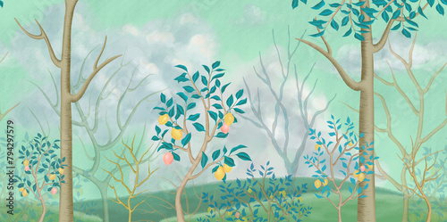 Cloudy forest landscape with lemon tree in mint green pastel color