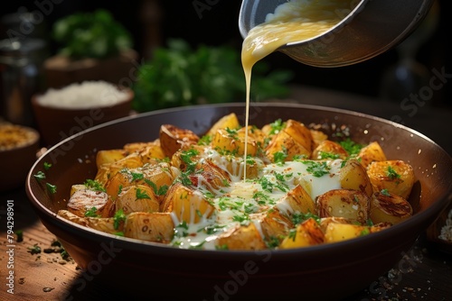 Crispy potatoes dipped in hot cheese sauce., generative IA