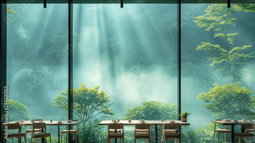 A cafe with large windows overlooking trees and waterfalls, a green color scheme, a light blue sky, a misty atmosphere, high resolution, natural lighting, highly detailed, clean sharp focus