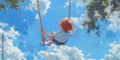 A colorful painting of a happy child swinging high on a swing, with a background of a bright sky and lush green trees.