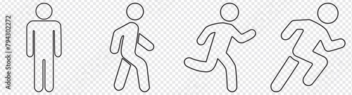 Editable real line icon set of a boy stick figure running fast and jogging in a outline design in modern black lines on a clean transparent background as a EPS 10 vector illustration