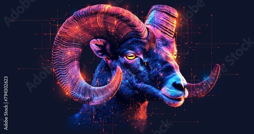 This abstract Pop Art mountain sheep portrait features a bright, colorful, neon background.