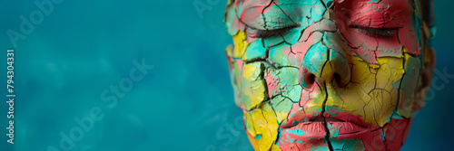 visage de femme en gros plan avec la peau recouverte d'argile craquelée multicolore, espace pour texte