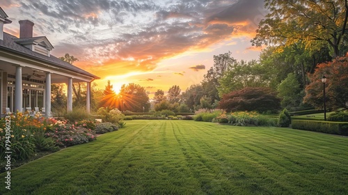 immaculate manicured lawn and flowerbed warm sunset glow landscape photography