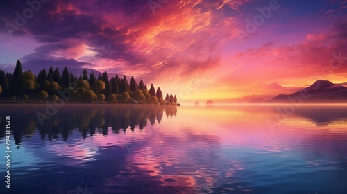 An image of a vibrant sunset over a serene lake, with colorful reflections shimmering on the water.