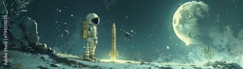 A charming cartoon captures a child dressed as an astronaut, pretending to explore the moon in the backyard, complete with a cardboard rocket