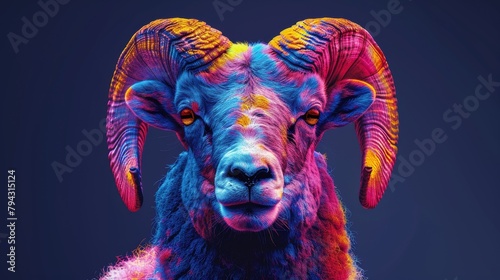 The mountain sheep on a dark blue background is an abstract, colorful, neon portrait influenced by pop art.