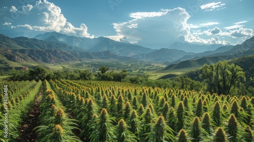 A wide-angle view reveals the vast expanse of a cannabis plantation nestled in the mountains, highlighting the ideal conditions for outdoor cultivation. 